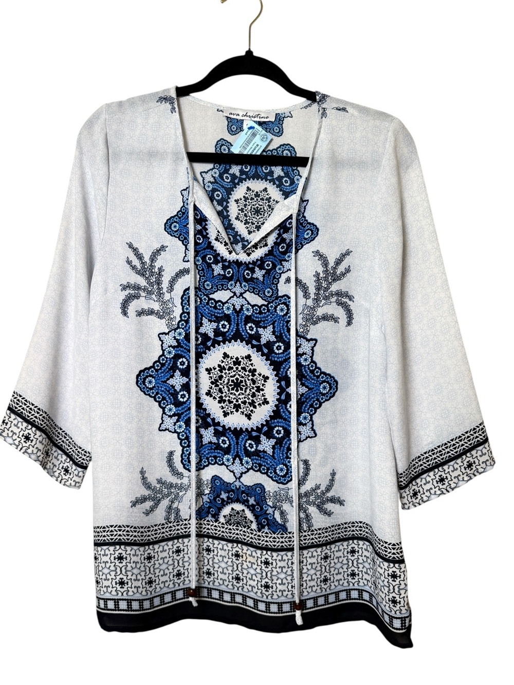 Ava Christine Small White Tunic with Blue Medallion Print and Tie Neck